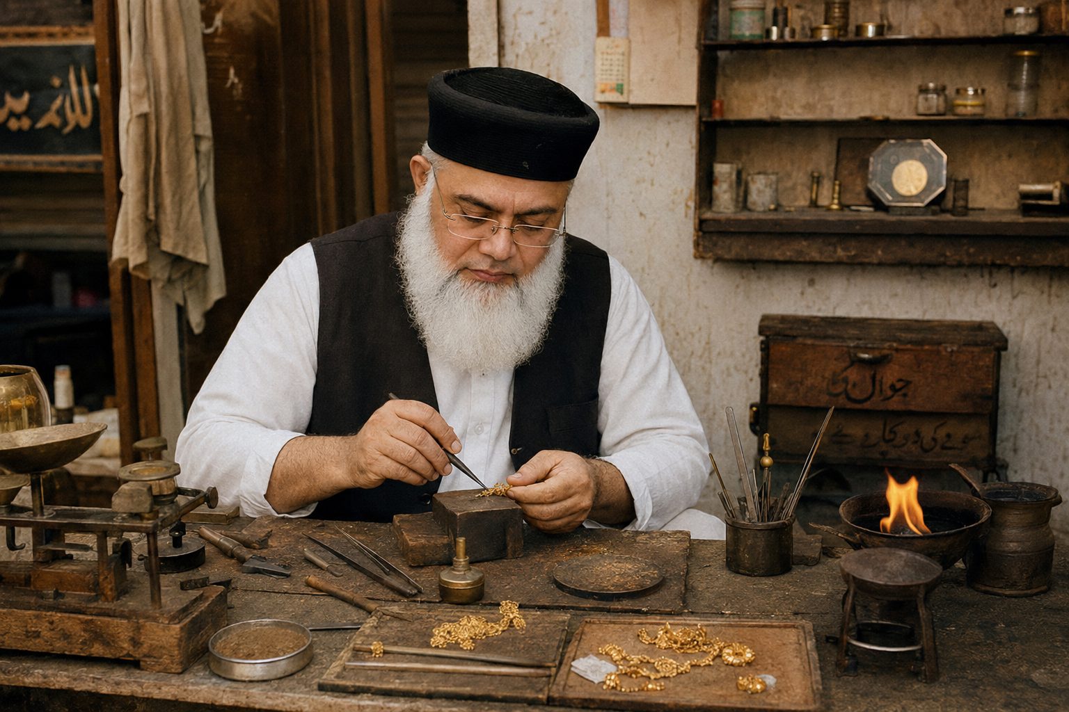 A goldsmith setting stones into a gold pendant at the workbench