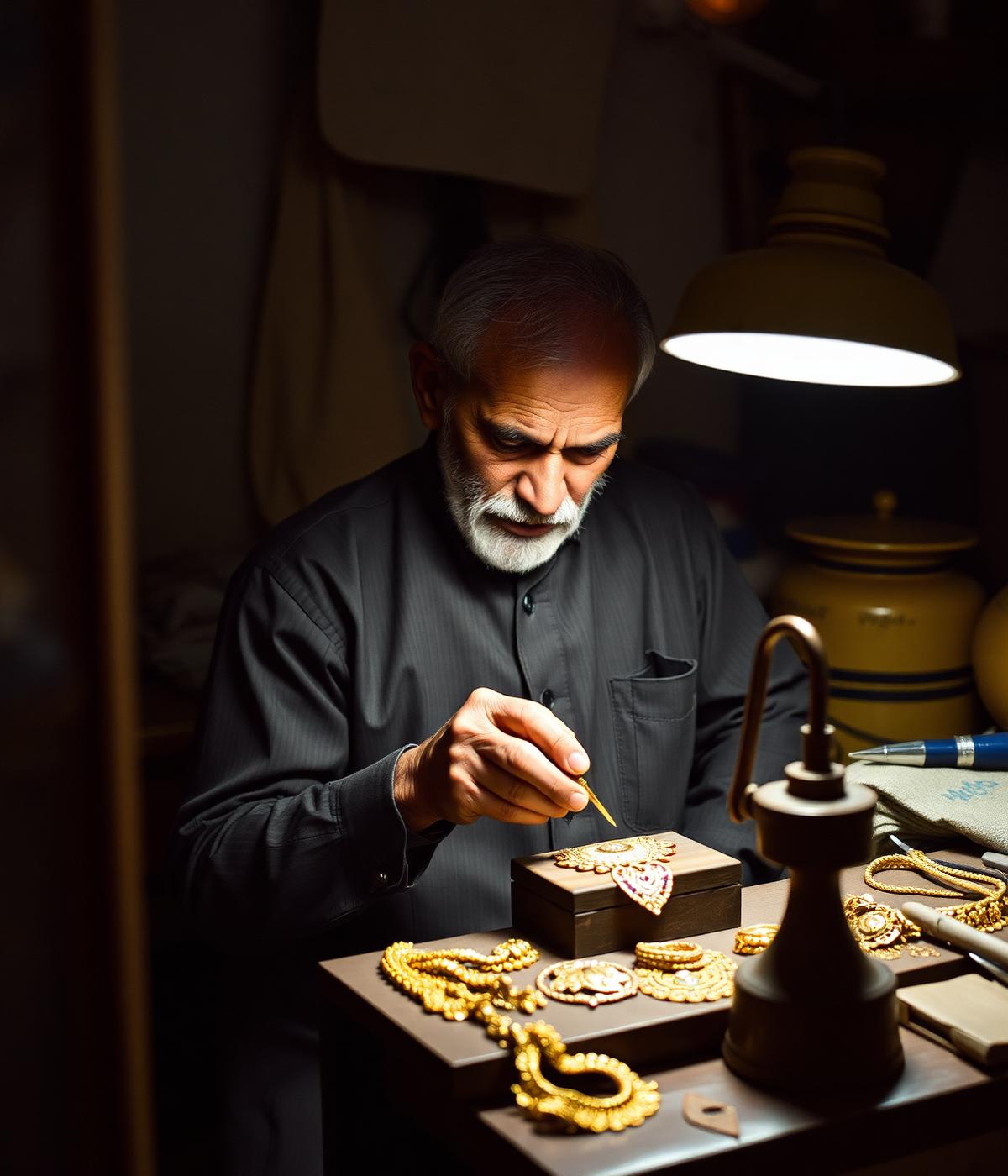 A goldsmith setting stones into a gold pendant at the workbench